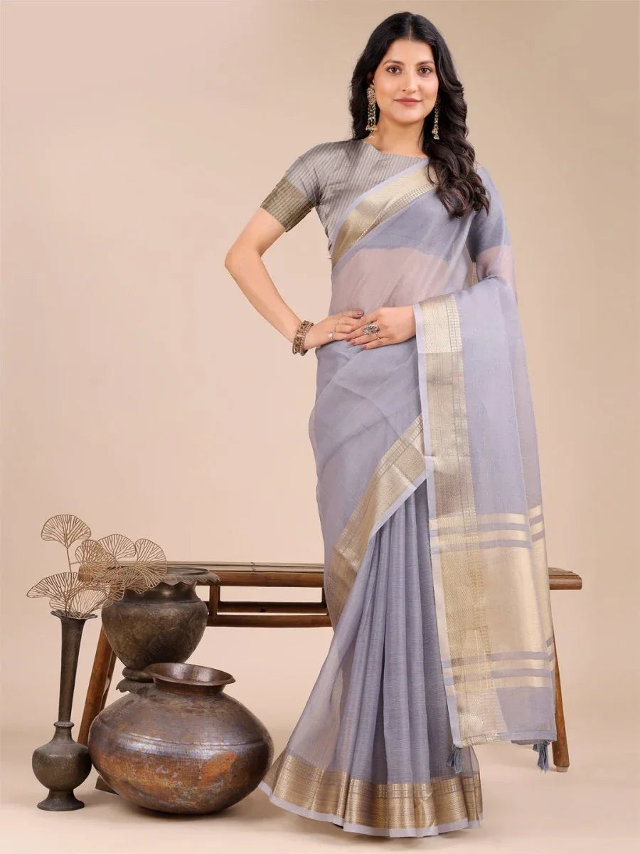 Grey Organza Saree With Blouse Piece - EZBER