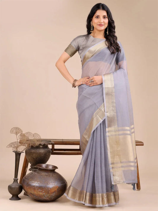 Grey Organza Saree With Blouse Piece - EZBER