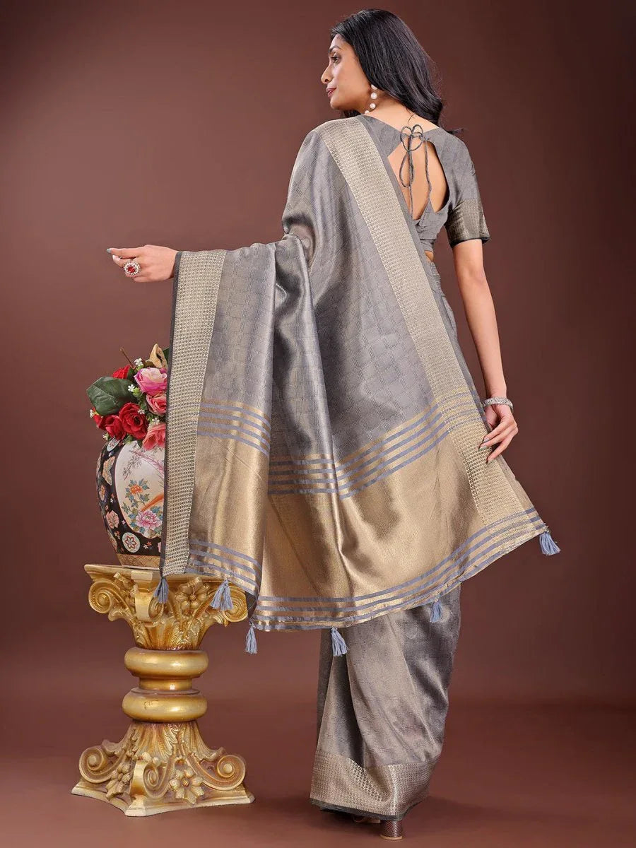 Grey Organza Saree With Blouse Piece - EZBER