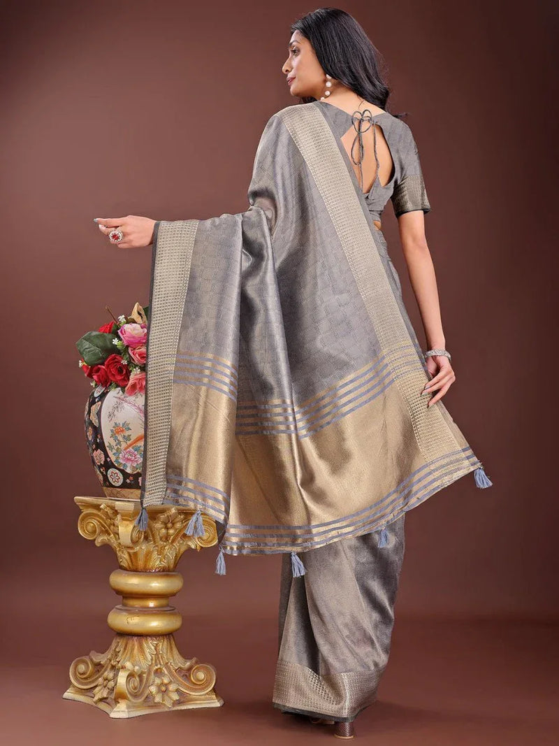Grey Organza Saree With Blouse Piece - EZBER