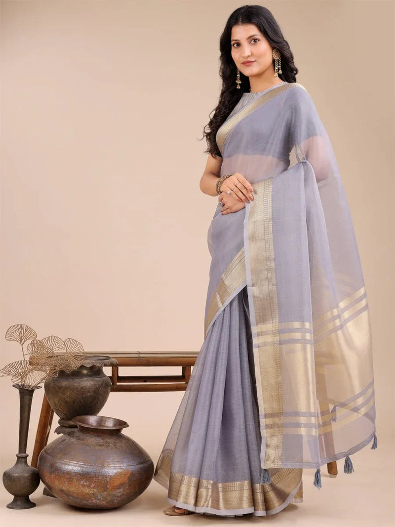 Grey Organza Saree With Blouse Piece - EZBER