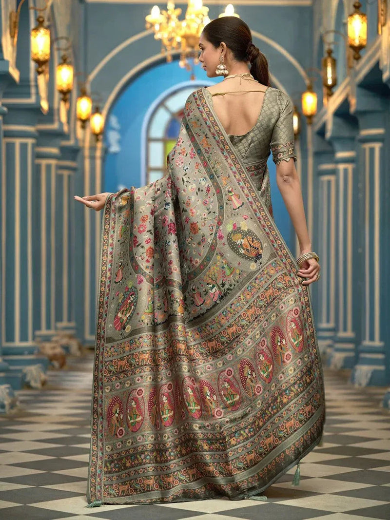 Grey silk Saree with Blouse Piece  | EZBER