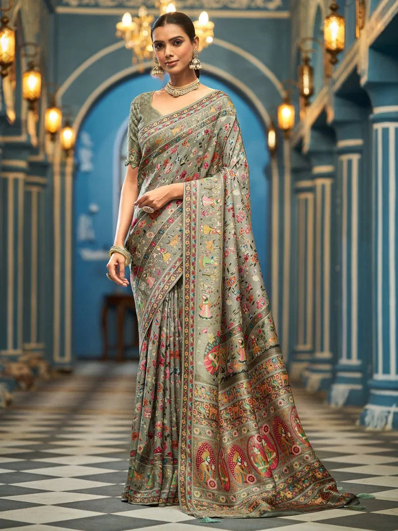 Grey Pashmina Soft Silk Festive Wear Saree With Blouse Piece - EZBER