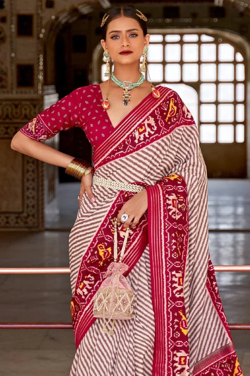 Grey Pink Dual Tone Patola Saree - EZBER