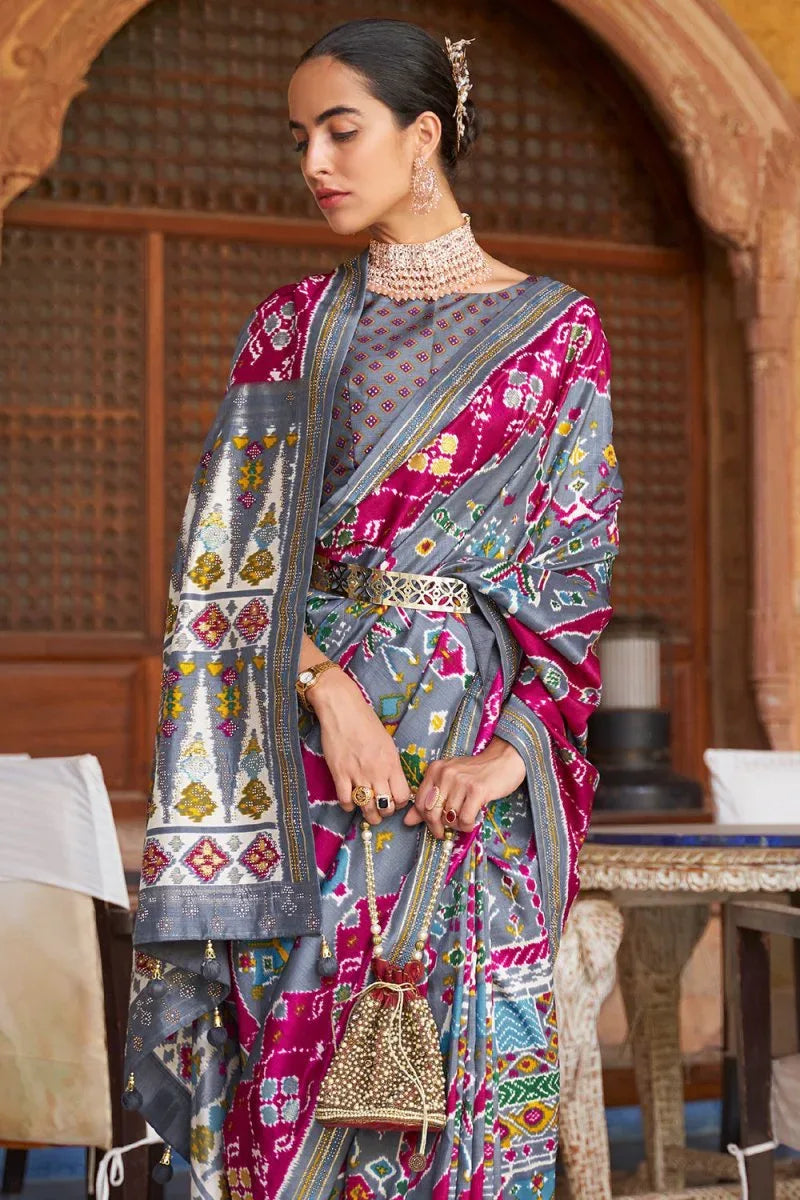 Grey Purple Dual Tone Patola Saree - EZBER