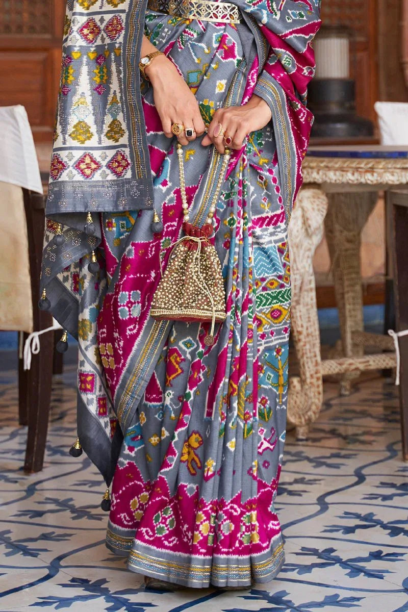 Grey Purple Dual Tone Patola Saree - EZBER