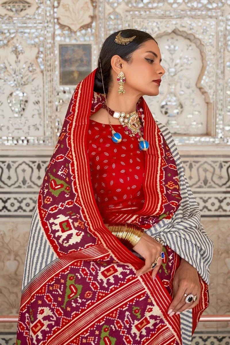 Grey Red Dual Tone Patola Saree - EZBER