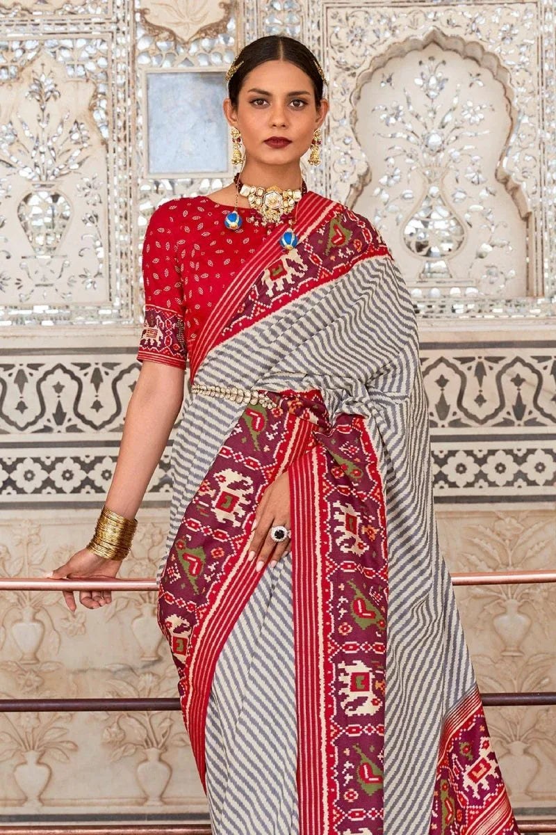 Grey Red Dual Tone Patola Saree - EZBER