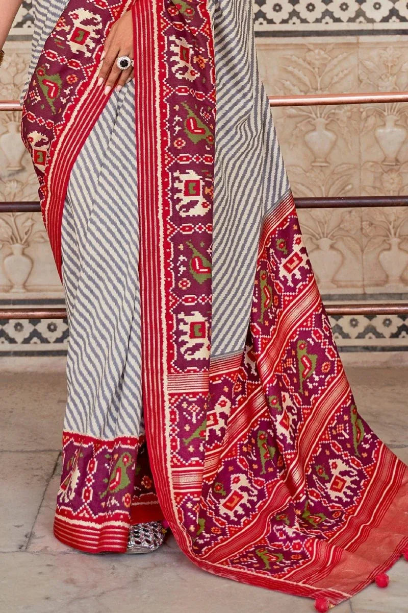 Grey Red Dual Tone Patola Saree - EZBER