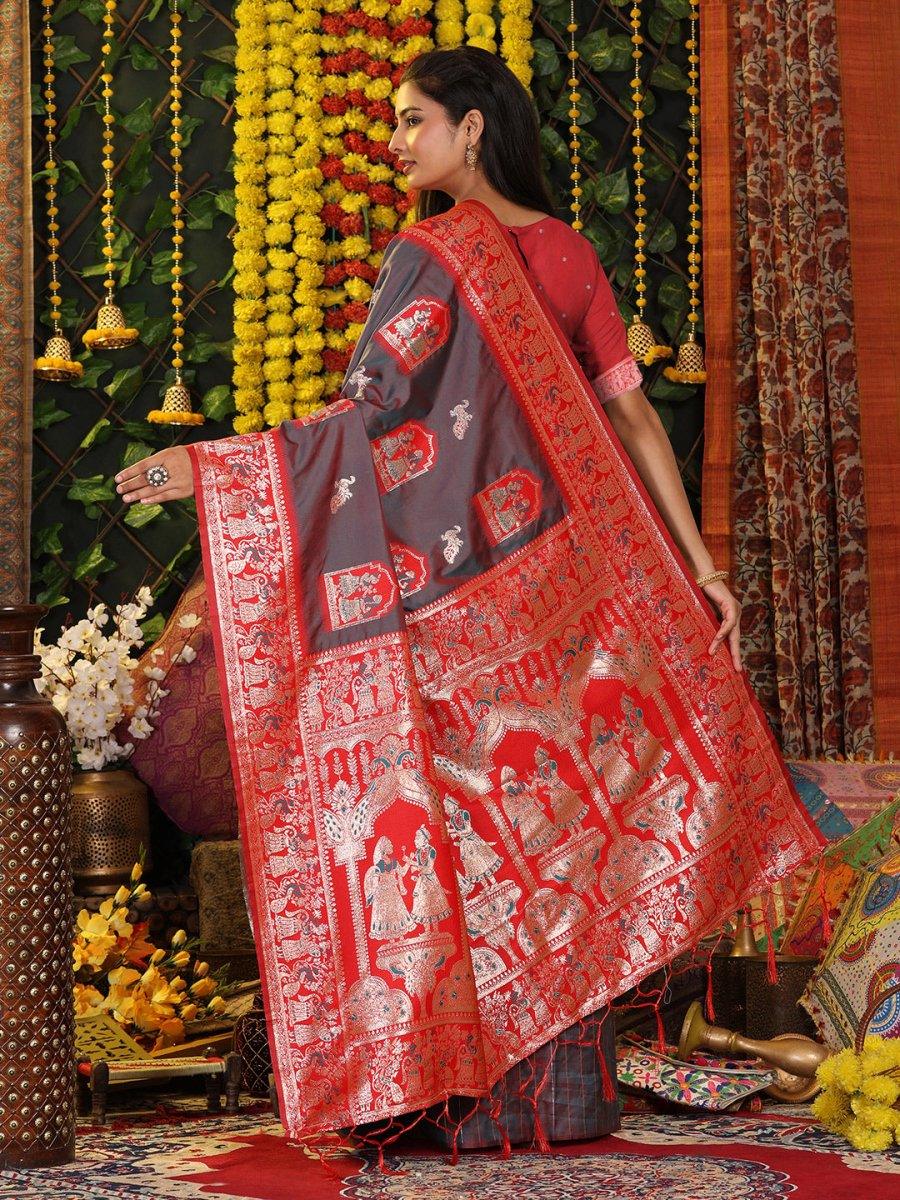 Grey Silk Saree With Blouse Piece - EZBER