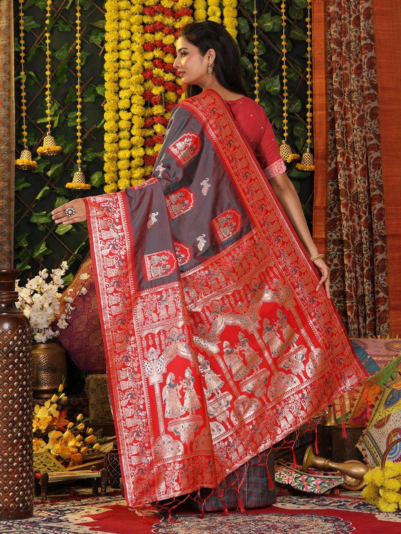 Grey Silk Saree With Blouse Piece - EZBER