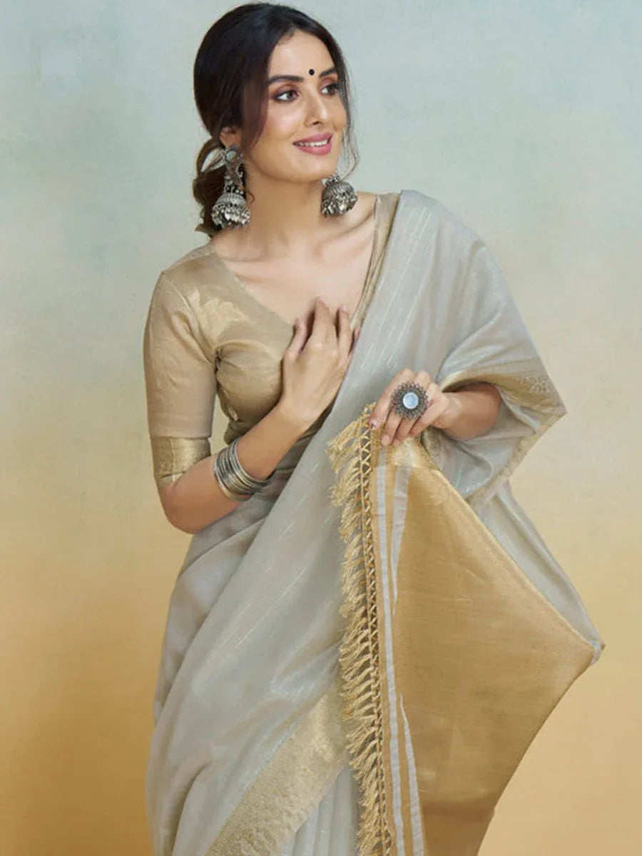 Grey Silk Saree With Blouse Piece - EZBER