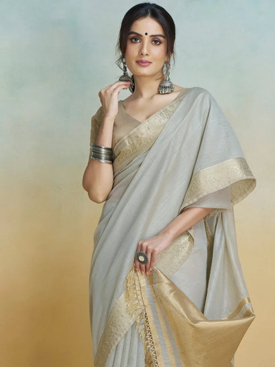 Grey Silk Saree With Blouse Piece - EZBER