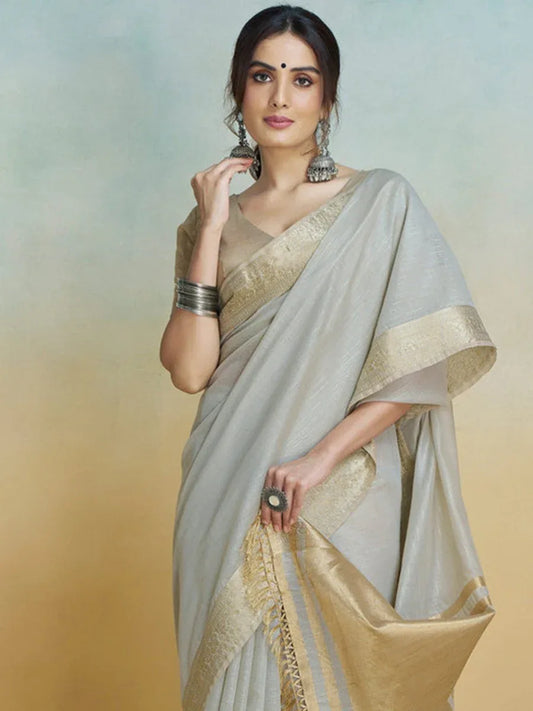 Grey Silk Saree With Blouse Piece - EZBER