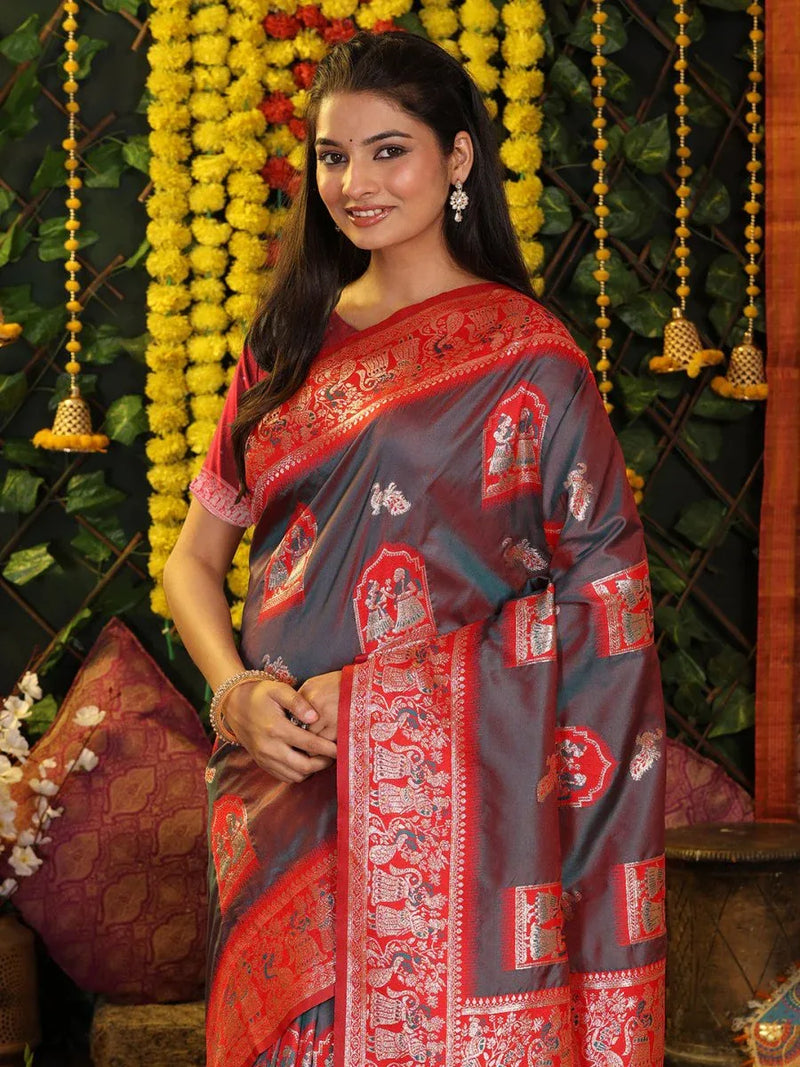 Grey Silk Saree With Blouse Piece - EZBER