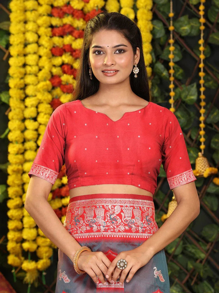 Grey Silk Saree With Blouse Piece - EZBER