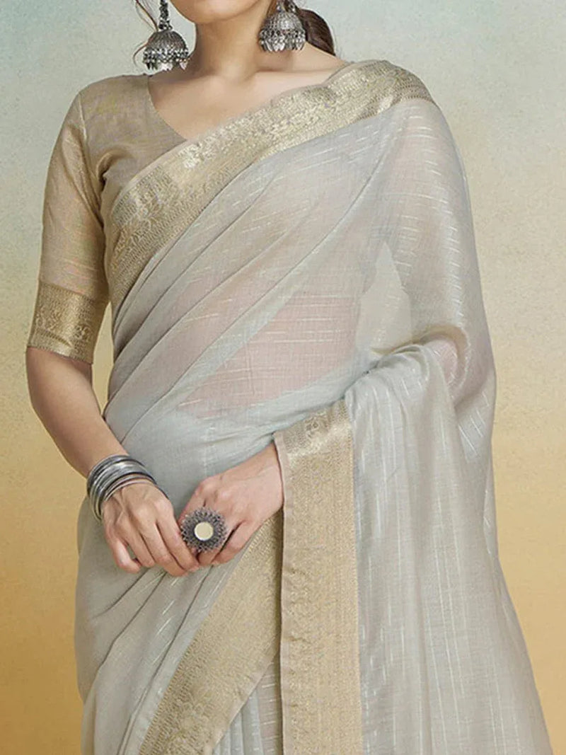 Grey Silk Saree With Blouse Piece - EZBER
