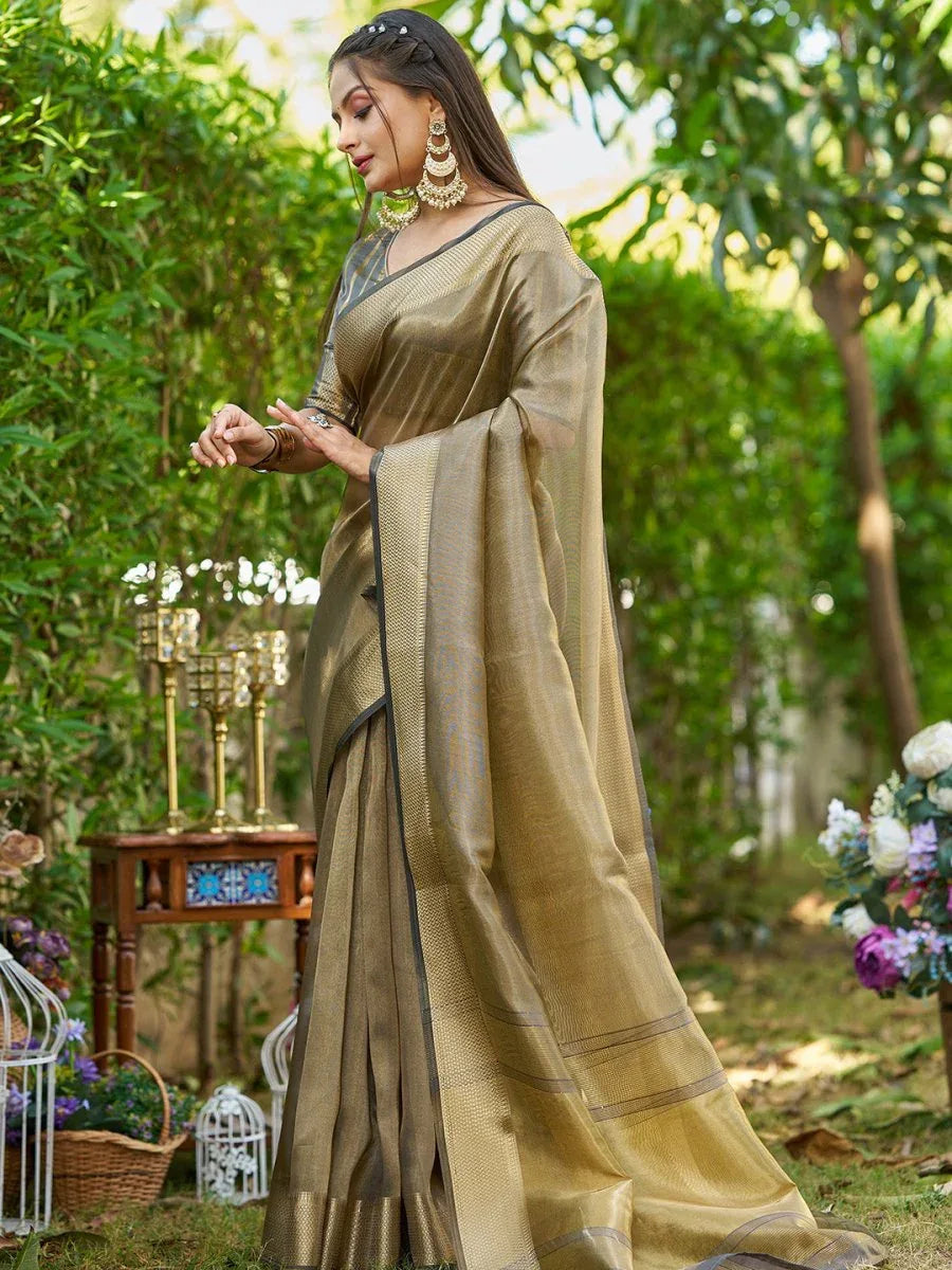 Grey Tissue Saree With Blouse Piece - EZBER