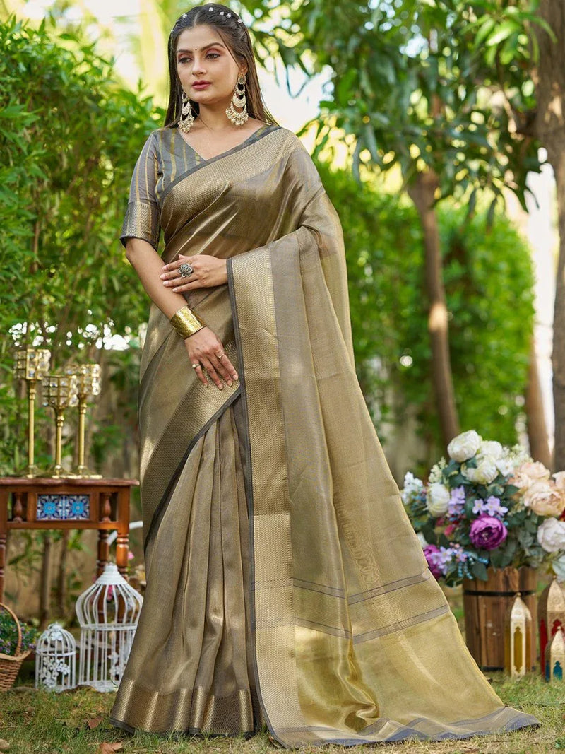 Grey Tissue Saree With Blouse Piece - EZBER
