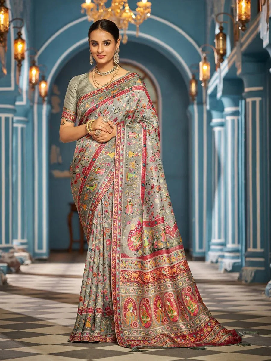 GreyPashmina Soft Silk Festive Wear Saree With Blouse Piece - EZBER