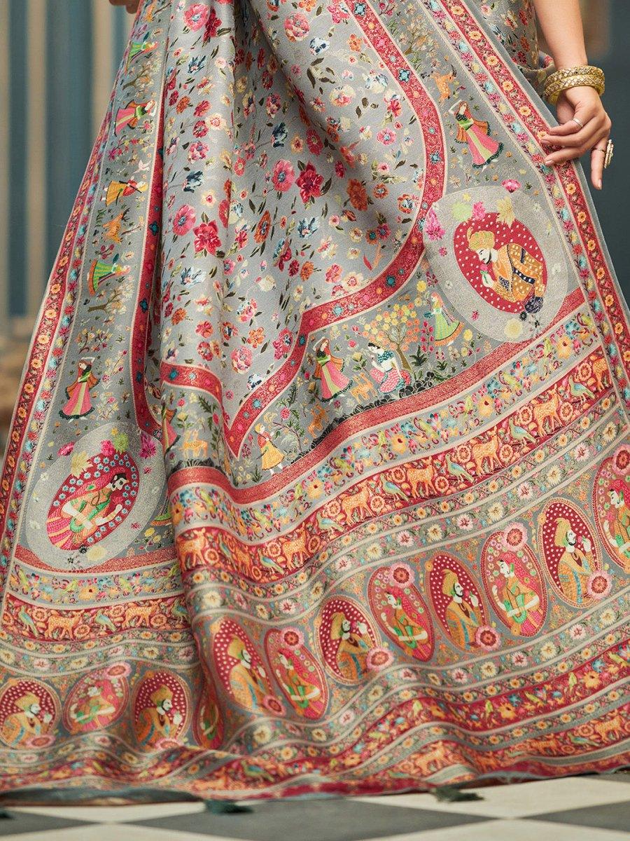 GreyPashmina Soft Silk Festive Wear Saree With Blouse Piece - EZBER