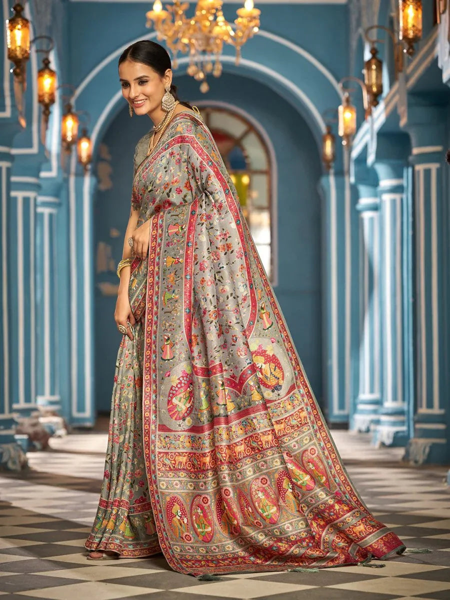 GreyPashmina Soft Silk Festive Wear Saree With Blouse Piece - EZBER
