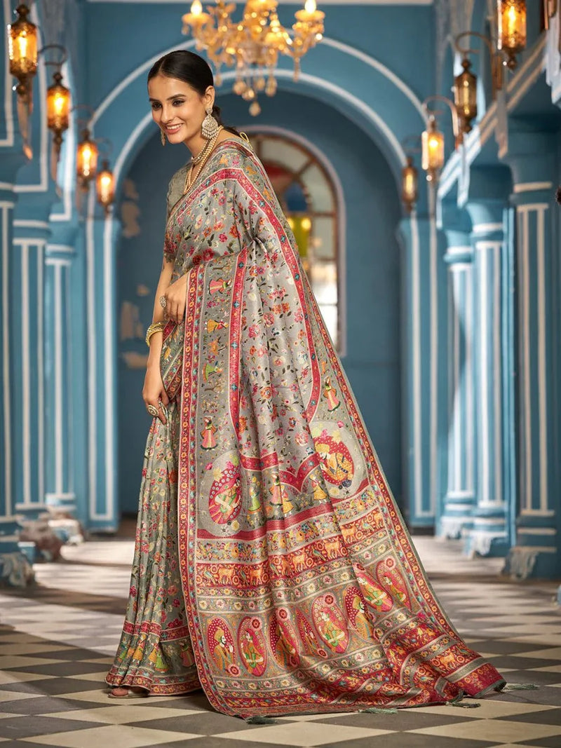 GreyPashmina Soft Silk Festive Wear Saree With Blouse Piece - EZBER
