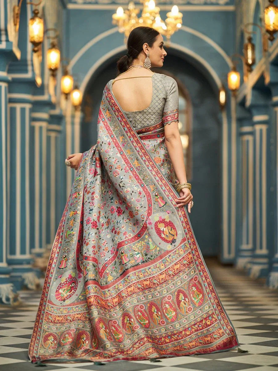GreyPashmina Soft Silk Festive Wear Saree With Blouse Piece - EZBER