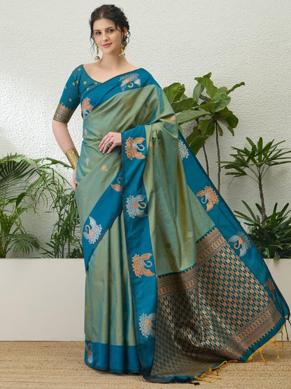 Handloom Silk Teal Printed Saree | EZB GF02 NOOR V1 32005 - EZBER
