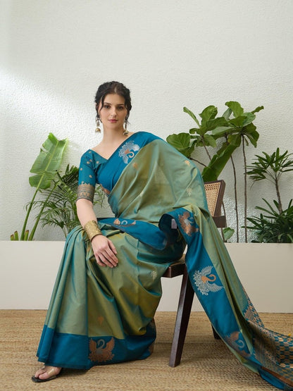 Handloom Silk Teal Printed Saree | EZB GF02 NOOR V1 32005 - EZBER