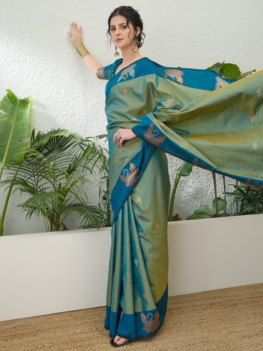 Handloom Silk Teal Printed Saree | EZB GF02 NOOR V1 32005 - EZBER