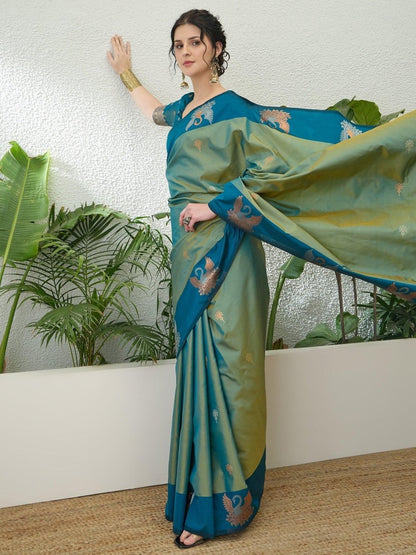 Handloom Silk Teal Printed Saree | EZB GF02 NOOR V1 32005 - EZBER