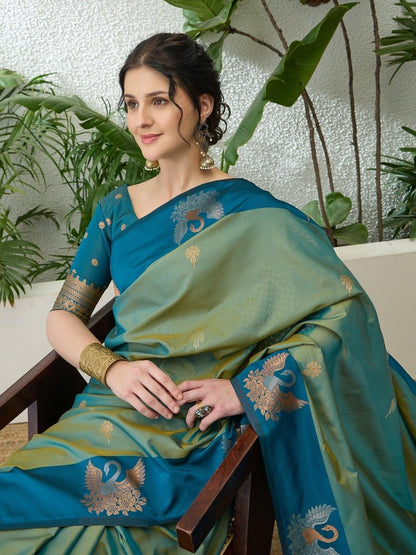 Handloom Silk Teal Printed Saree | EZB GF02 NOOR V1 32005 - EZBER