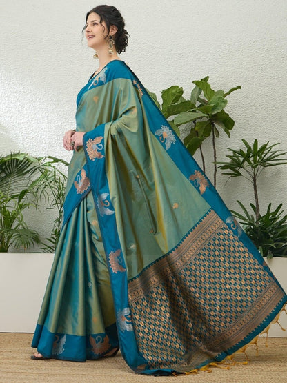 Handloom Silk Teal Printed Saree | EZB GF02 NOOR V1 32005 - EZBER