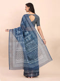Indigo Blue COTTON CRUSH Linen Cotton Saree with Blouse Piece - EZBER