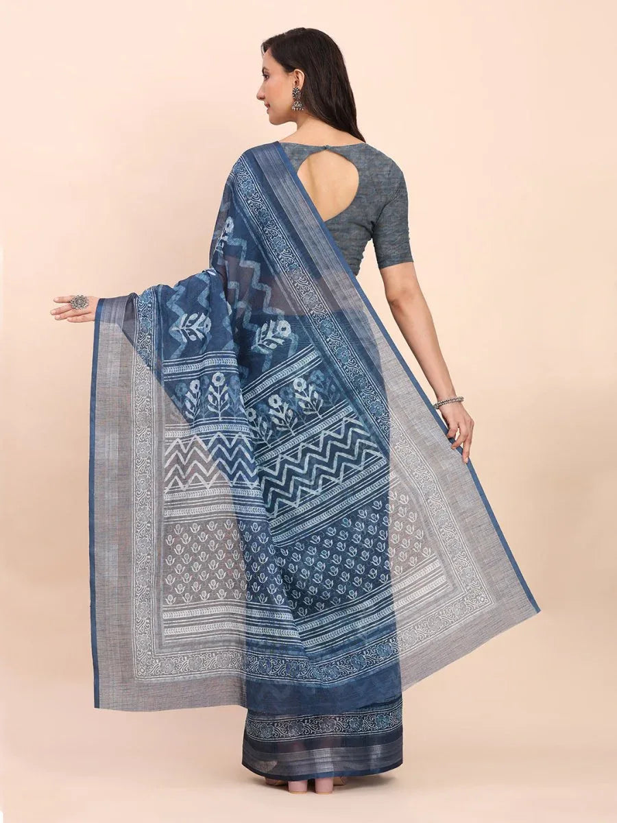 Indigo Blue COTTON CRUSH Linen Cotton Saree with Blouse Piece - EZBER
