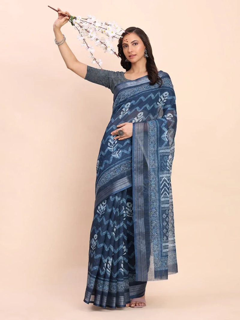 Indigo Blue COTTON CRUSH Linen Cotton Saree with Blouse Piece - EZBER