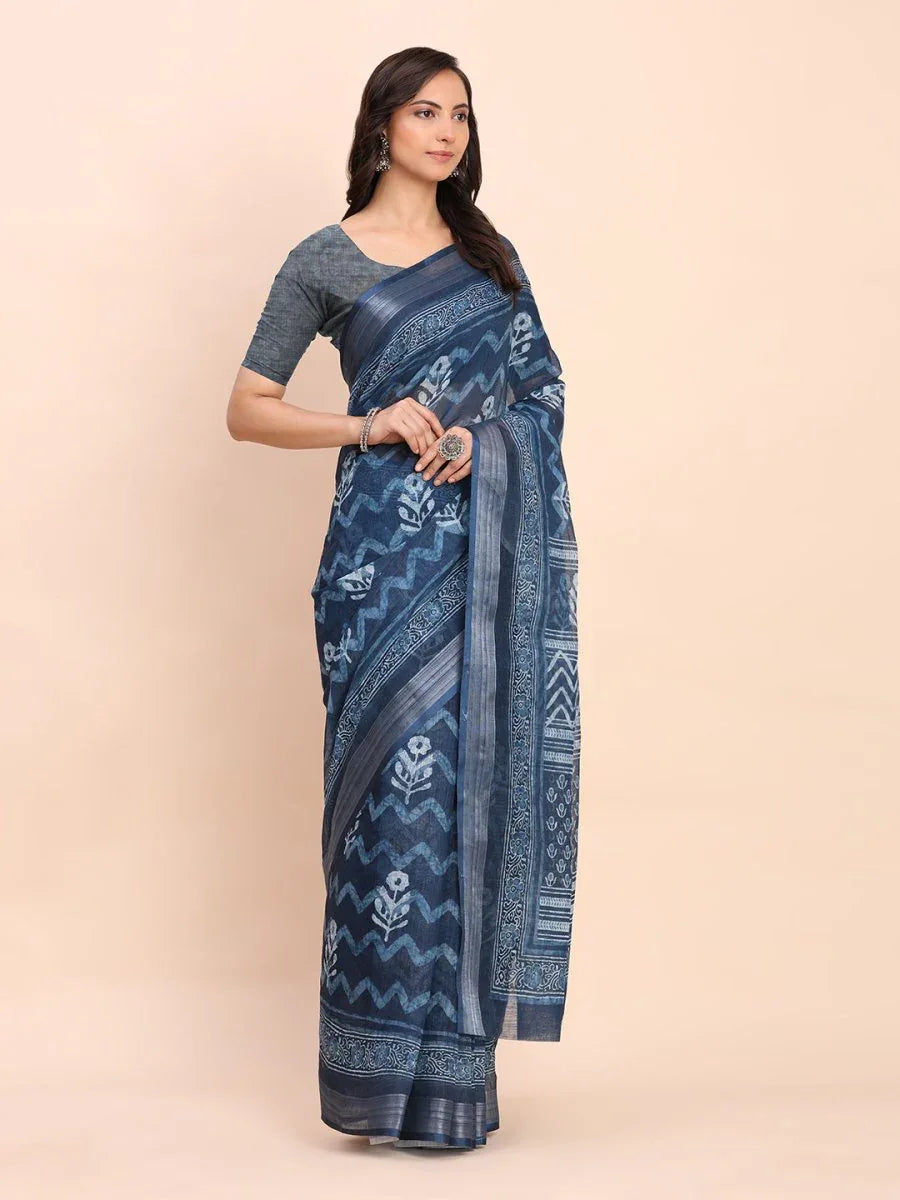 Indigo Blue COTTON CRUSH Linen Cotton Saree with Blouse Piece - EZBER