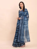 Indigo Blue COTTON CRUSH Linen Cotton Saree with Blouse Piece - EZBER