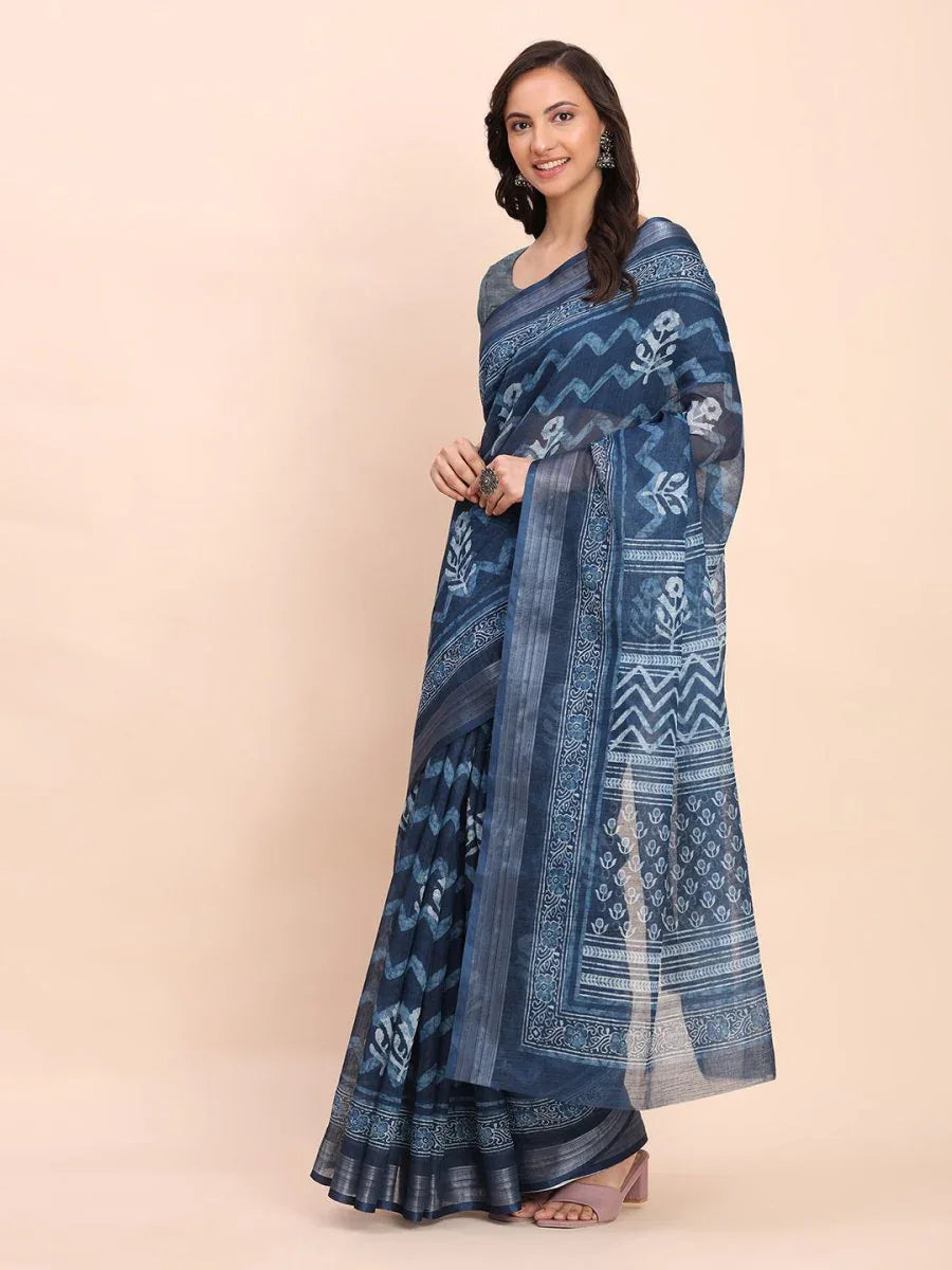 Indigo Blue COTTON CRUSH Linen Cotton Saree with Blouse Piece - EZBER