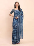 Indigo Blue COTTON CRUSH Linen Cotton Saree with Blouse Piece - EZBER