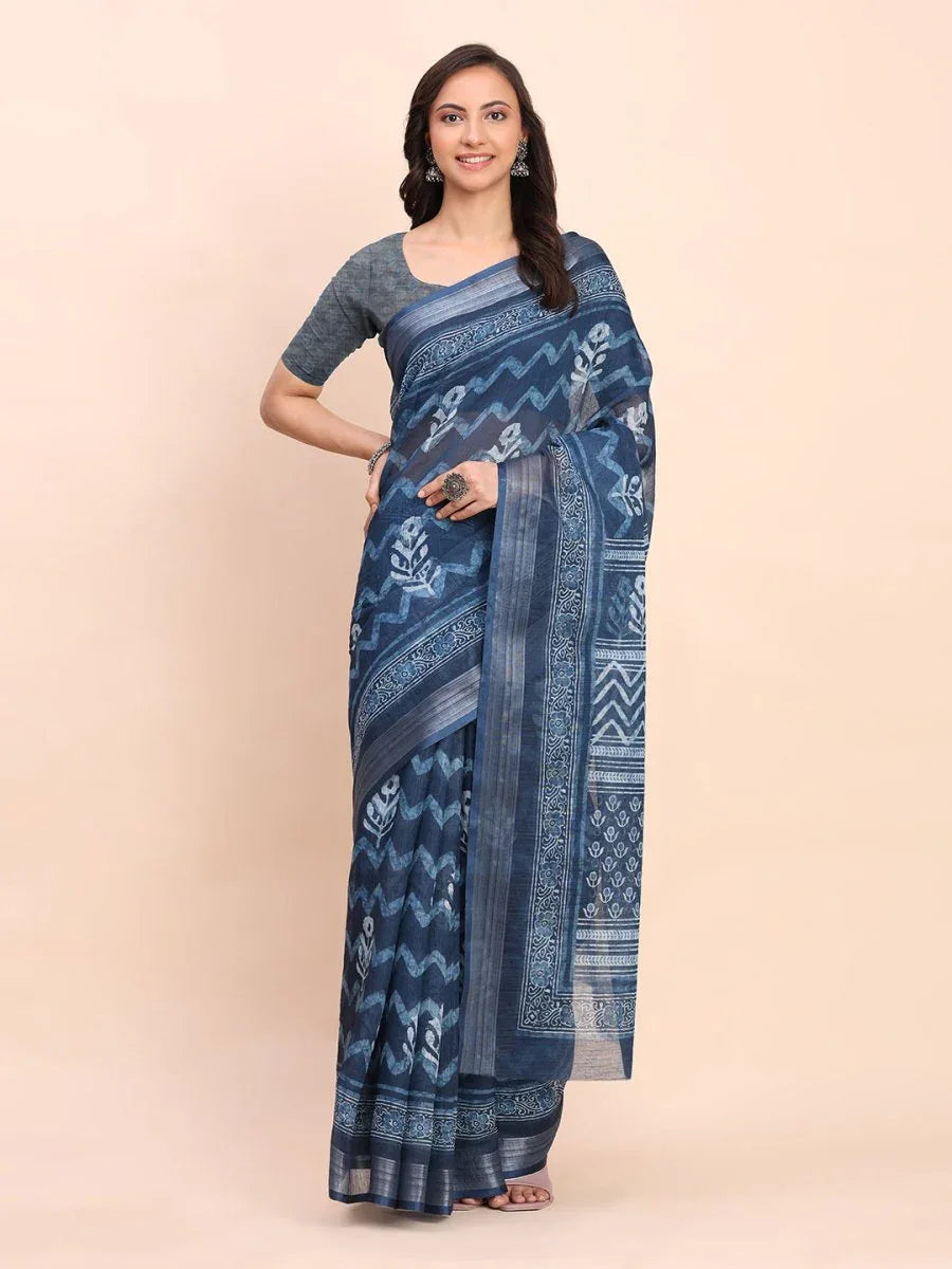Indigo Blue COTTON CRUSH Linen Cotton Saree with Blouse Piece - EZBER