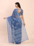 Indigo Blue SANSKRIT PRINTS Linen Cotton Saree with Blouse Piece - EZBER