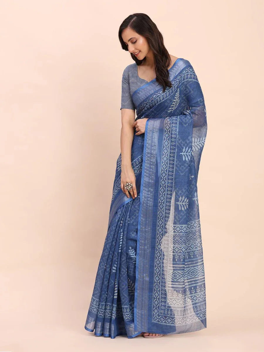 Indigo Blue SANSKRIT PRINTS Linen Cotton Saree with Blouse Piece - EZBER