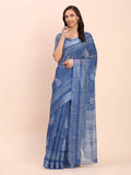 Indigo Blue SANSKRIT PRINTS Linen Cotton Saree with Blouse Piece - EZBER
