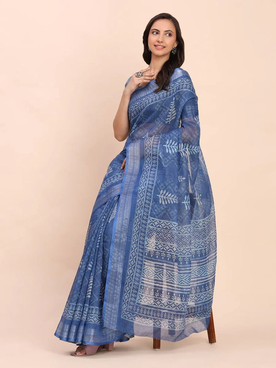 Indigo Blue SANSKRIT PRINTS Linen Cotton Saree with Blouse Piece - EZBER