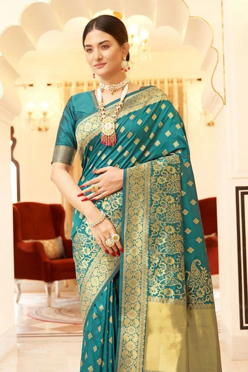 Jade Impact Blue Banarasi Saree - EZBER