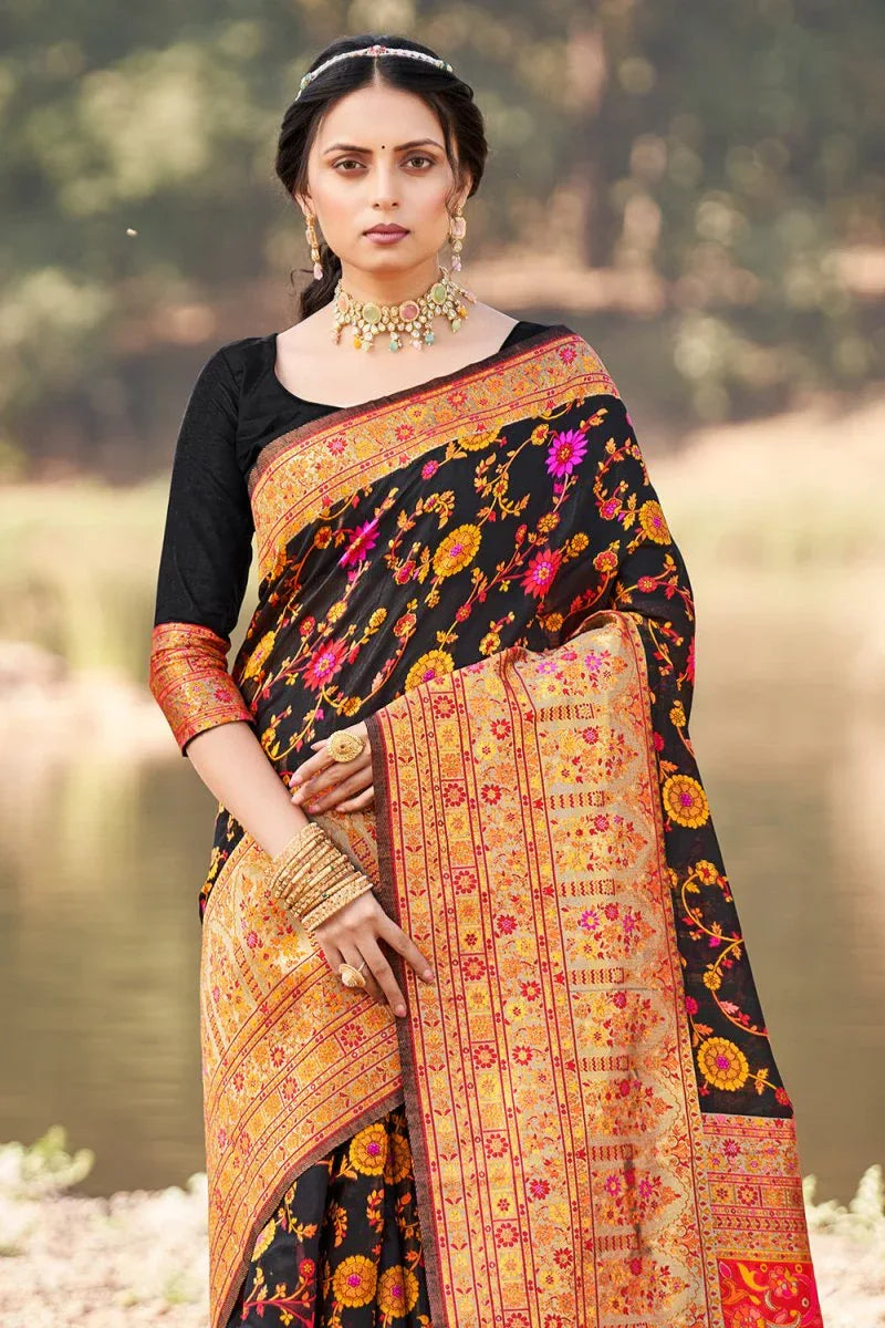 Jet Black Kalamkari Saree - EZBER