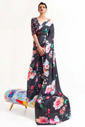 Jet Black Satin Crep Saree - EZBER