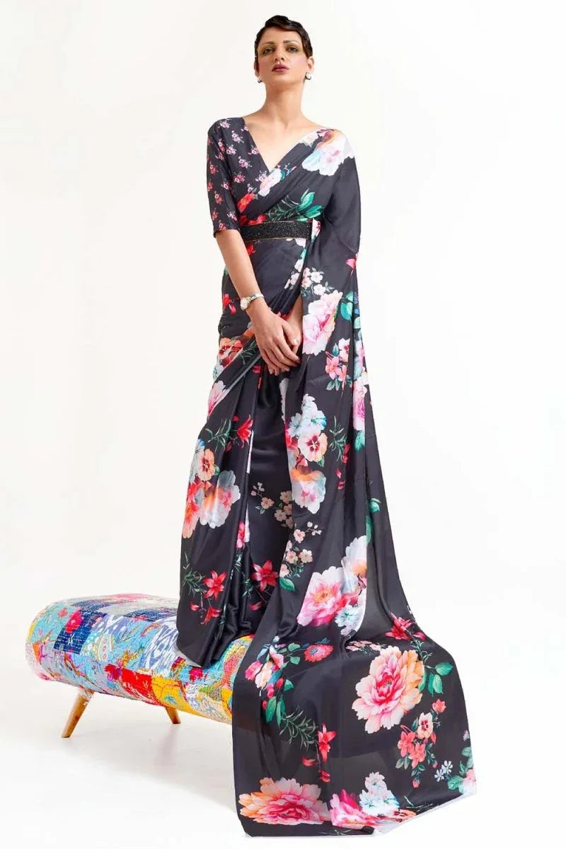 Jet Black Satin Crep Saree - EZBER